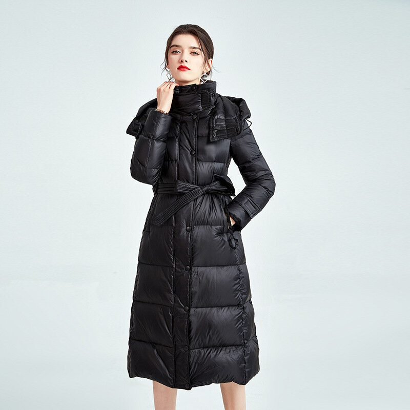 화이트 오리털 후드 패딩 자켓 여성용, 따뜻한 슬림 롱 방풍 스키 코트, 2022 년 겨울 및 가을 신상품
