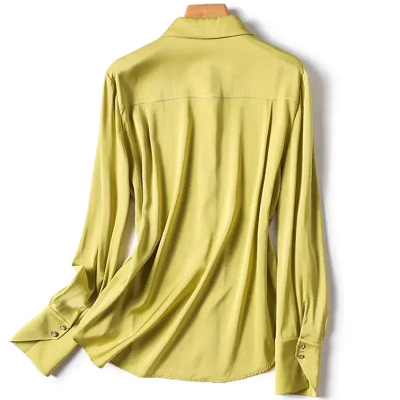Elegancka obojczyka luźna damska odzież biurowa jedwabna koszula jesienna jednolite topy bluzka z długim rękawem 29968
