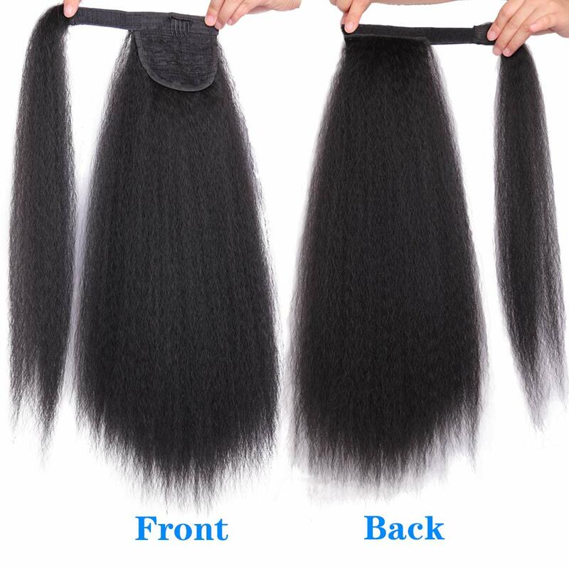 Yaki Straight Ponytail Synthetic Hair Extension 22Inch Wrap Around Clip In Ponytail Natural Black Hairpiece for Women