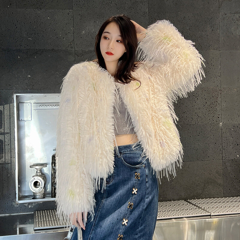 Winter Women Korean Short Faux Fur Jacket Casual Round Collar Long Sleeve Elegant Polka Dot Print Female Warm Imitation Fur Coat