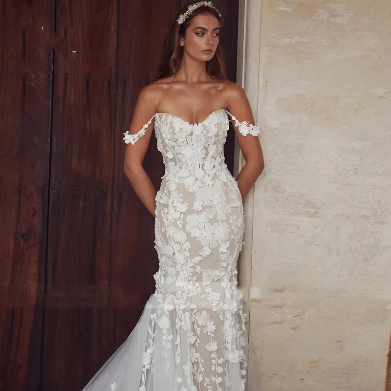 Elegant Sweetheart Mermaid Wedding Dresses Beautiful Simple Off Shoulder Sleeveless White Exquisite Lace Applique Bridal Gown