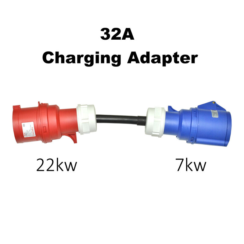 Адаптер для зарядки электромобиля, преобразователь от 22 до 7 кВт, 3 фазы до 1 фазы, 32 А, CEE, красный, 5 контактов, подключенный к синему, 3 контакта