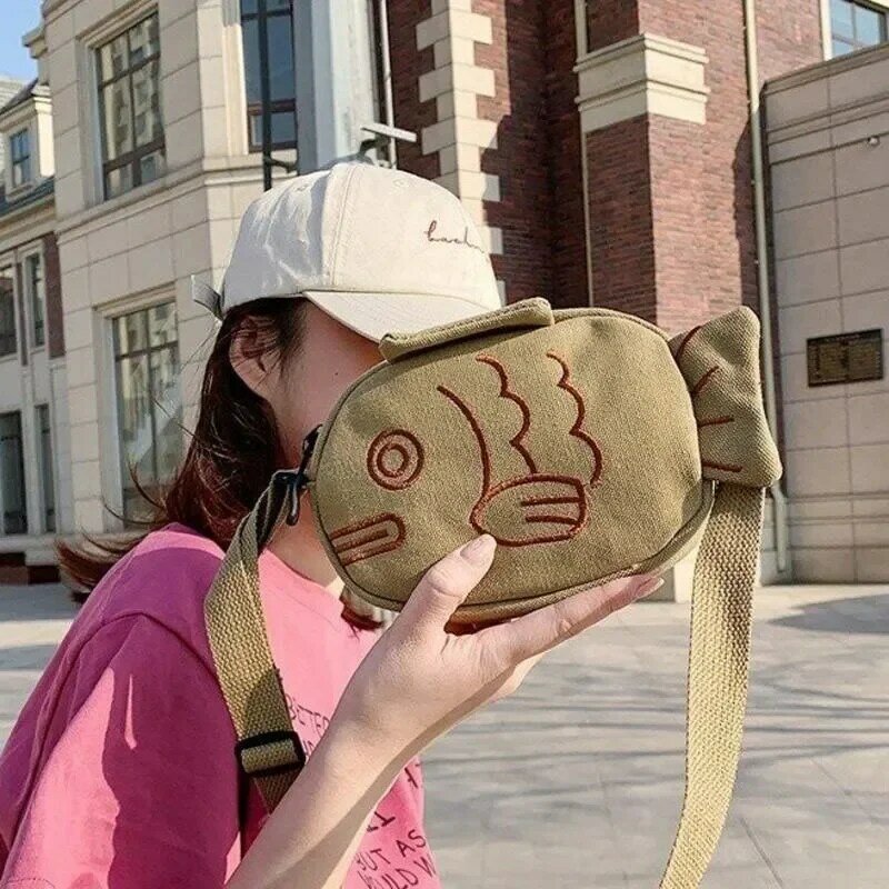 Cute Canvas Messenger Bag Korean Style Embroidery Creative Cartoon Ugly Fish Shape Shoulder Bag for Women Purse Messenger Bags