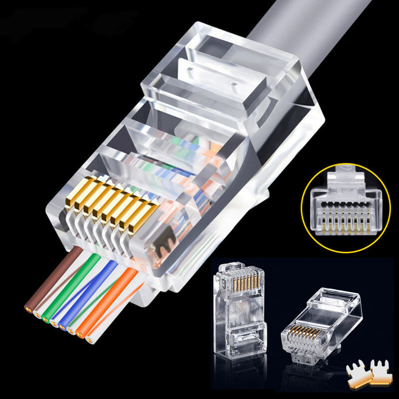 Montions Rj45 konektor Cat5e Cat6A melewati jaringan konektor tanpa pelindung 8P8C steker Modular untuk kabel Ethernet