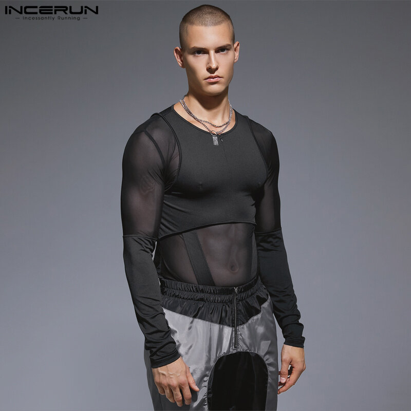 INCERUN 2023 Sexy New Men's Jumpsuits Homewear All-match Mesh Splicing Deconstructed Design Triangle Long Sleeve Rompers S-3XL