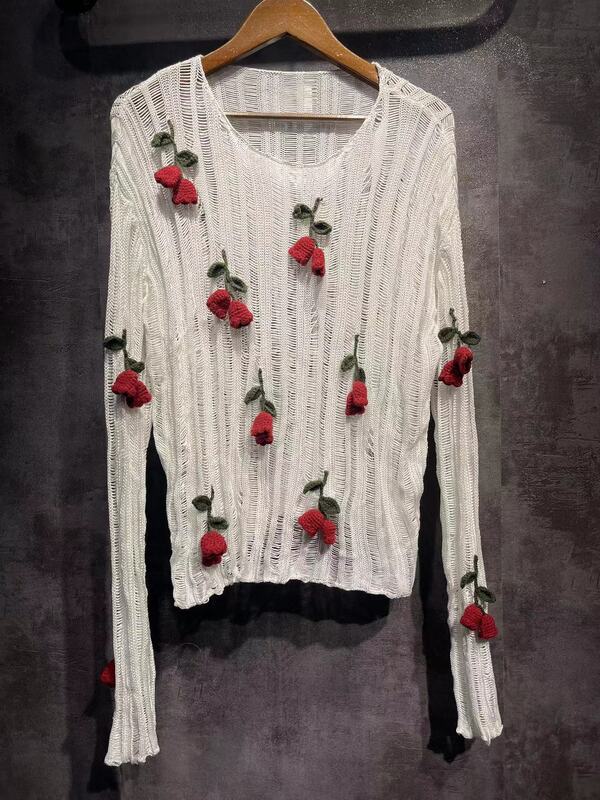 Suéter tridimensional de flores para mujer, de 2 colores Jersey de punto, cuello redondo, calado, informal, fino, novedad de verano 2024