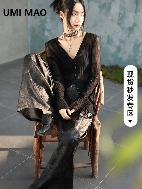 UMI MAO 여성용 다크 긴팔 자외선 차단 가디건, 용수철 니치 디자인, 투시 라운드넥 에어컨 셔츠 상의