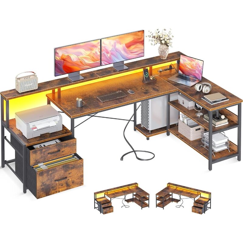 ODK L Shaped Desk with File Drawer, 75" Reversible L Shaped Computer Desk with Power Outlet & LED Strip, Office Desk
