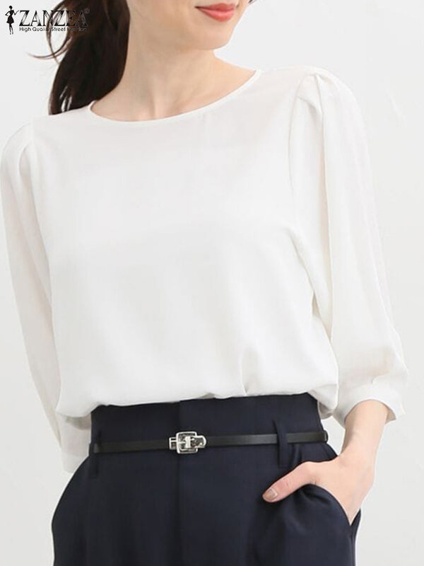 Блузка ZANZEA женская с круглым вырезом, элегантная повседневная офисная рубашка с рукавами-фонариками, однотонная винтажная туника, лето 2024