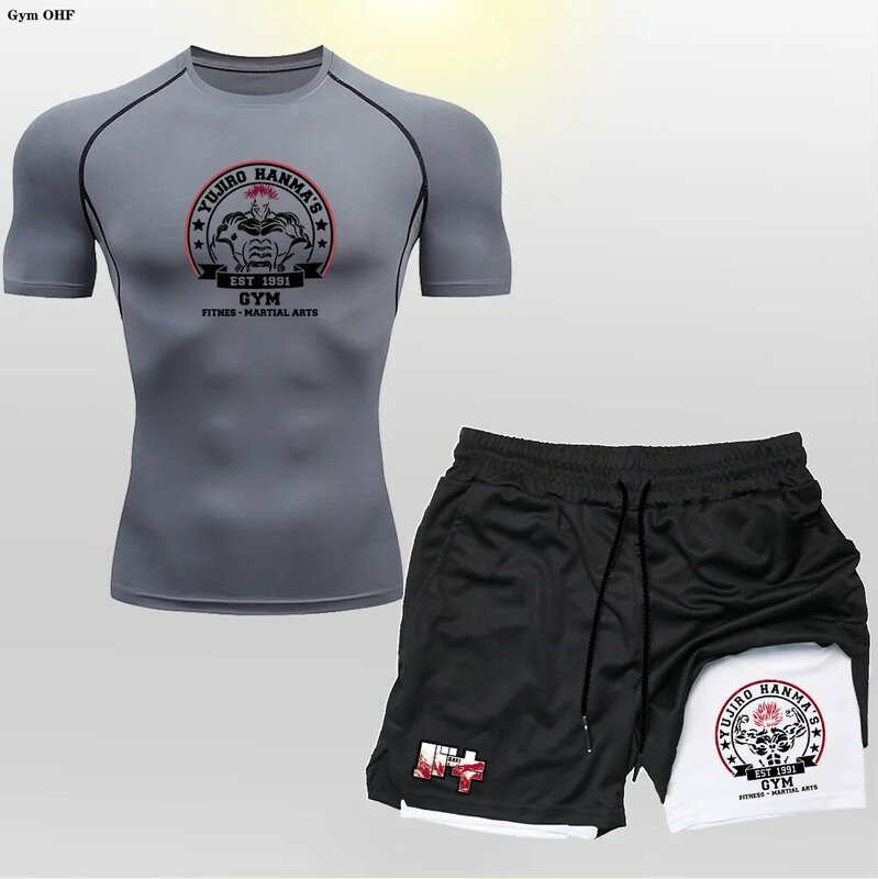 Camiseta de compressão e shorts para homens, roupas de treinamento de ginástica fitness, conjuntos esportivos de corrida, anime 2 em 1