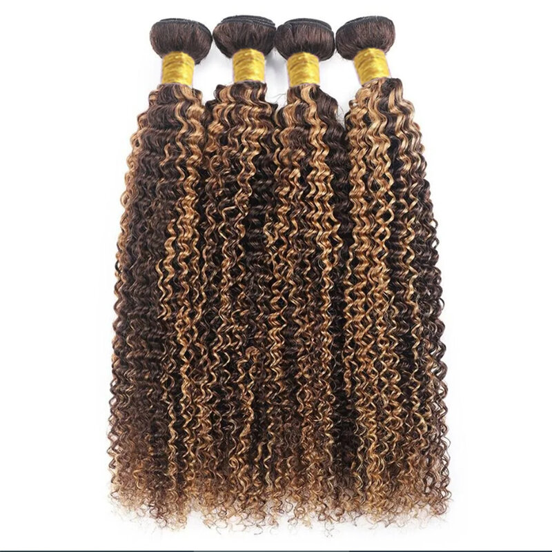 Highlight Kinky Curly Human Hair Bundles With 4x4 Transparent Lace Closure 65g/Pc Bundle Double Weft Hair Extension Full End