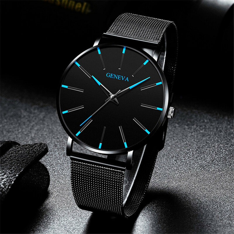 Reloj deportivo ultrafino para hombre, pulsera de cuarzo con banda de malla GENEVA, color negro, el mejor regalo, precio barato, 2023