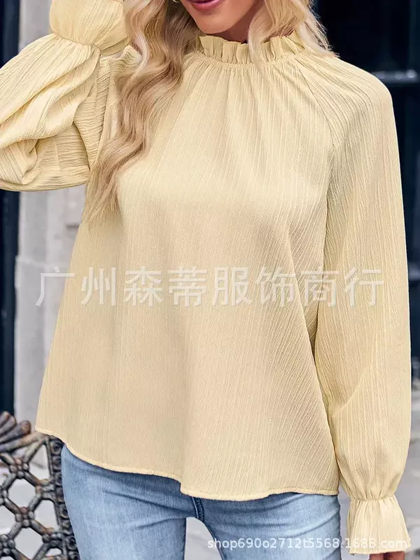 Camisa holgada de manga larga para mujer, Top elegante de Color liso con volantes, informal, a la moda, para otoño e invierno, novedad de 2023