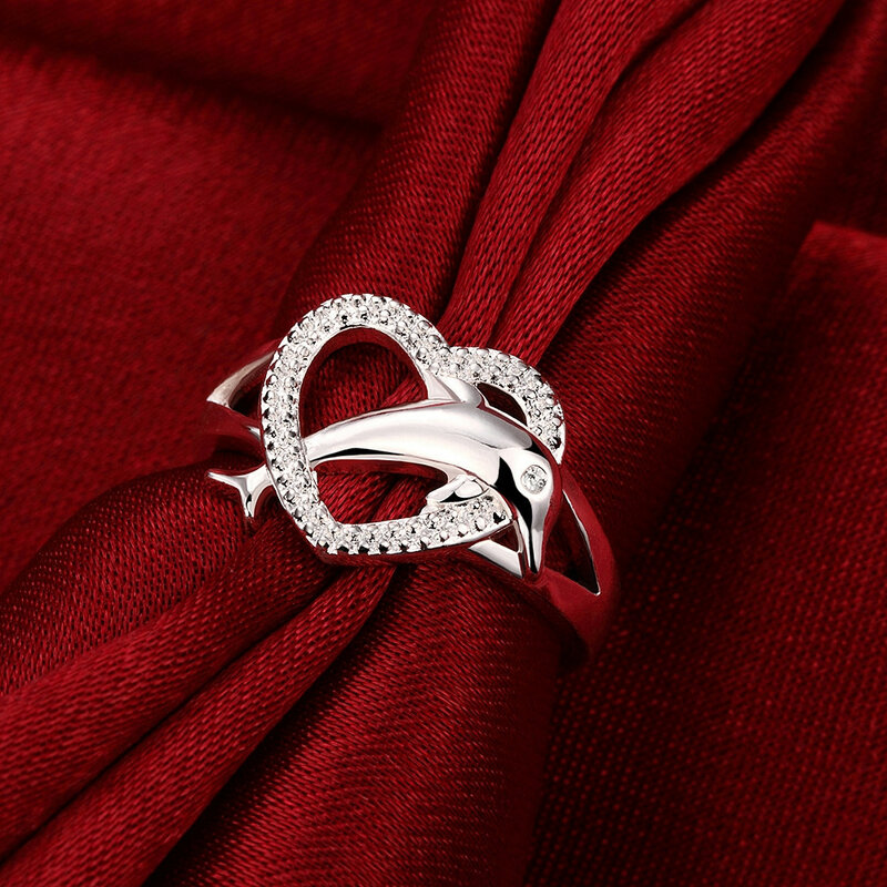 High quality 925 Sterling Silver fine Love dolphins heart Rings For Women Couple gifts Fashion Party wedding Jewelry