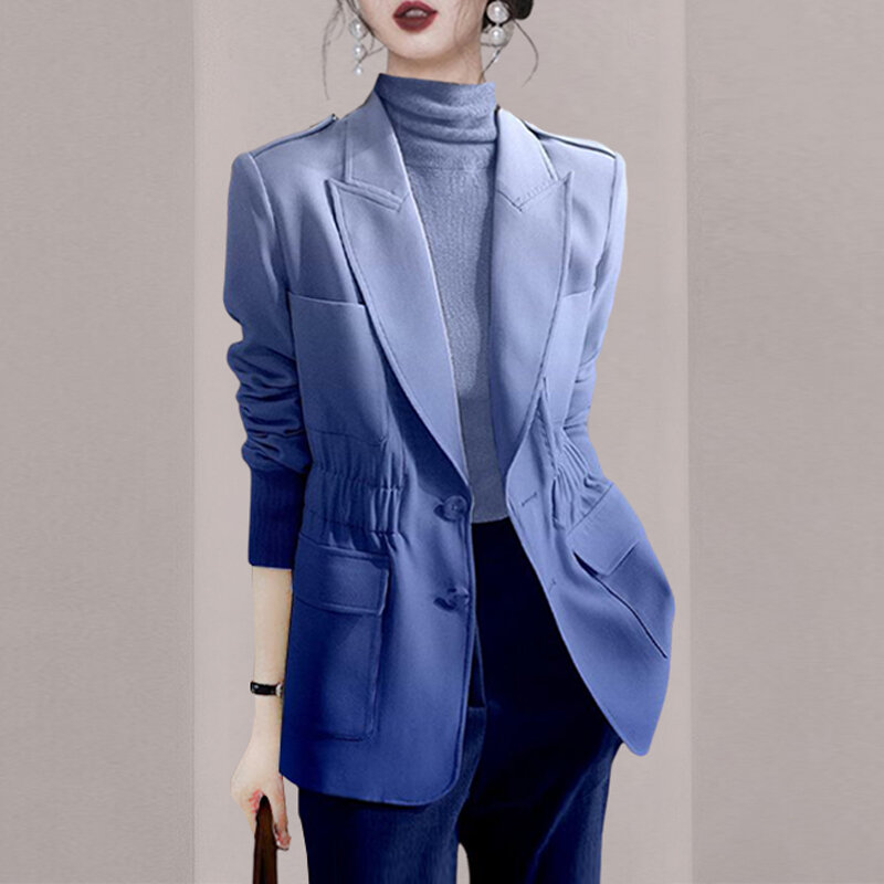 ใหม่แฟชั่นผู้หญิง Gradual Blue จีบคุณภาพสูงเสื้อคลุมสูท Slim Fit ลดลงอายุชุด Top Coat