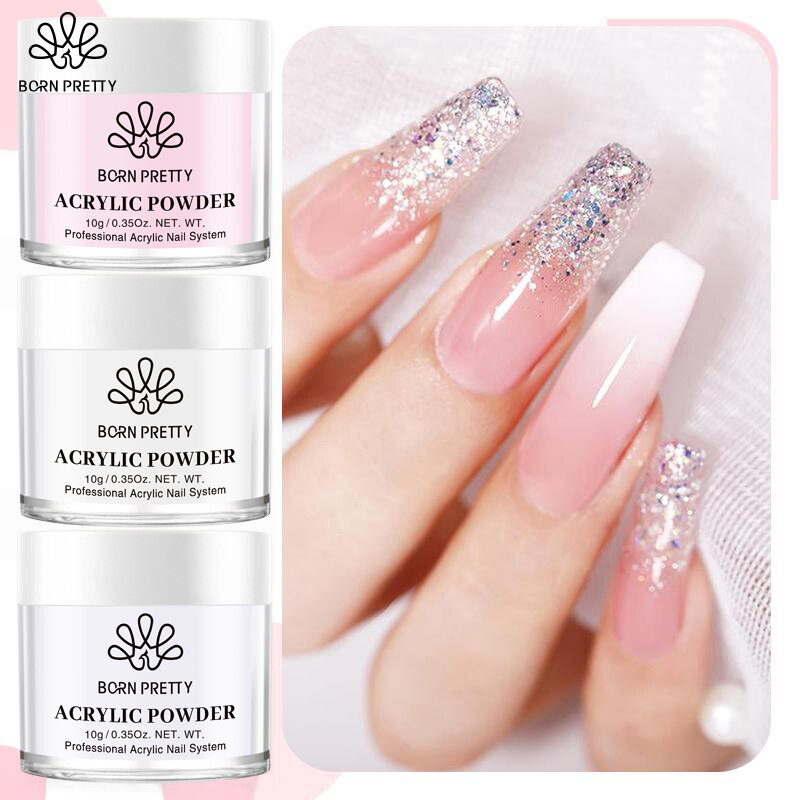 BORN PRETTY-polvo acrílico para uñas, extensión de punta de polímero francés, rosa, blanco, transparente, diamantes de imitación, 30ml/10ml