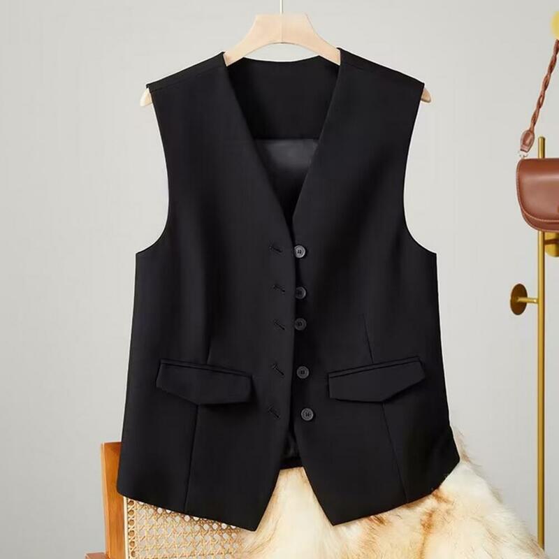 Women Business Vest V Neck Sleeveless Solid Color Single-breasted Business Commute Style Cardigan Suit Coat Waistcoat