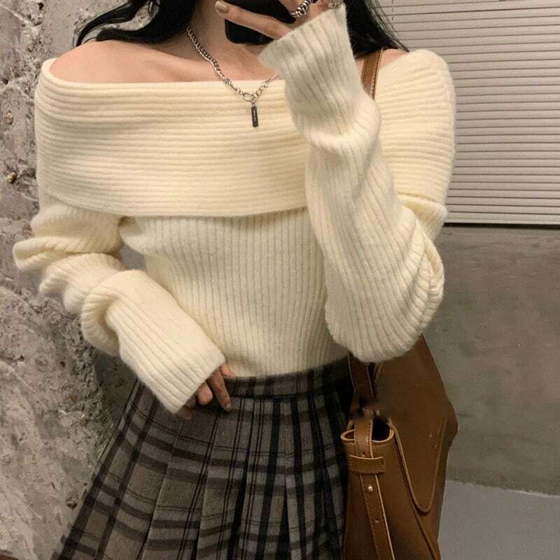 Lucyever głęboki dekolt sweter z dzianiny damski seksowny sweter z długim rękawem bez ramion damski koreański elegancki gruby, wąski sweter