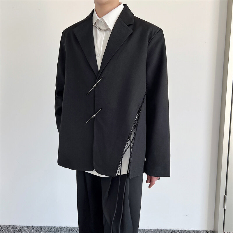 LUZHEN Asymmetric Splicing Design Blazer Jacket Men's Elegant Metal Buckle Solid Color Loose Casual Outerwear 2024 Spring LZ3108