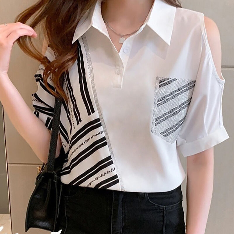 Fashion Asymmetrical Striped Diamonds Off Shoulder Blouses Women's Clothing 2024 Summer New Loose All-match Tops Casual Shirts