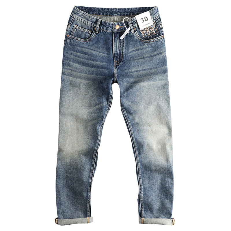 Jeans bordados para homens, American Vintage Trend, nova moda, lavagem para fazer velho, primavera