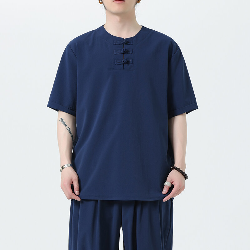 Camisa de Kung Fu de linho com decote em v masculina, blusa tradicional chinesa, roupas novas, algodão sólido, verão, estilo convencional, novo, 5XL