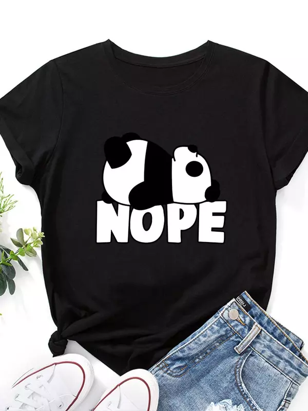 Śliczne Nope koszulka z nadrukiem z pandą kobiet z krótkim rękawem O szyi luźna koszulka lato kobiety przyczynowe koszulki topy Camisetas Mujer