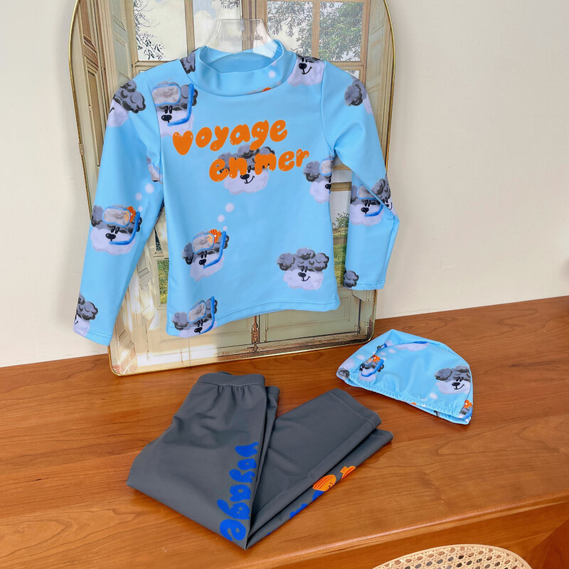2024 letni strój kąpielowy dla dzieci niebieski nadruk z filtrem przeciwsłonecznym dla dziewcząt dwuczęściowy strój kąpielowy szybkoschnący strój kąpielowy dla chłopców z kreskówek dla dzieci