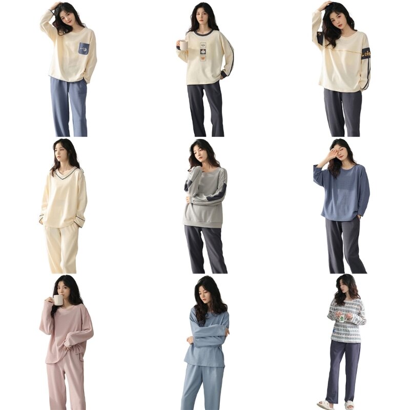 Conjunto feminino outono malha loungewear manga comprida redonda pulôver top calça