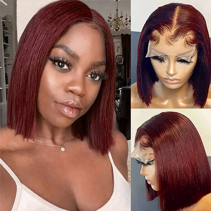Wear Go-peluca sin pegamento para mujeres negras, cabello humano brasileño, Color rojo resaltado, Bob corto, Borgoña 99J, 13x4, encaje frontal