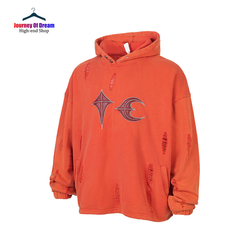 Autumn Winter Thick Fabric THUG CLUB Hoodie Top Quality 1:1 Vintage Hole Breaking Pure Colour Mens Womens Hooded Pullover