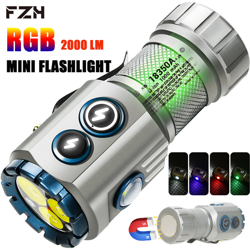 USB Lanterna LED Recarregável, Alta Potência, EDC, RGB, Tocha, 18350 Bateria, 5 Modos de Iluminação, Cauda Magnet Clip, Lanterna Camping, 2000LM