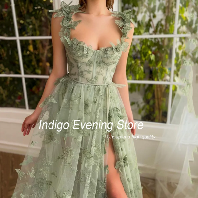 Gaun Prom Indigo A-Line tali Spaghetti Strap Strap pisah 3D kupu-kupu gaun malam kereta punggung terbuka untuk wanita 2024 الال316tng