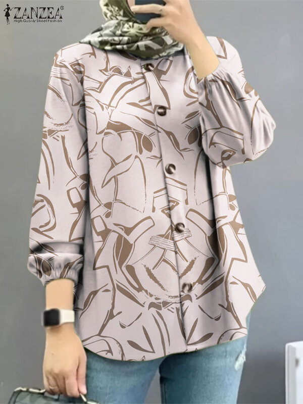 ZANZEA-Blusa muçulmana estampada floral para mulheres, camisa casual vintage, manga longa elegante, tops de trabalho, blusa abaya, ramadan, moda outono