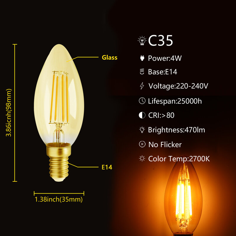 Bohlam Filamen LED C35 4W Bohlam Edison Retro E14 B22 Bombillas 220V-240V Lampu Antik 2700K 4000K Dekorasi Rumah