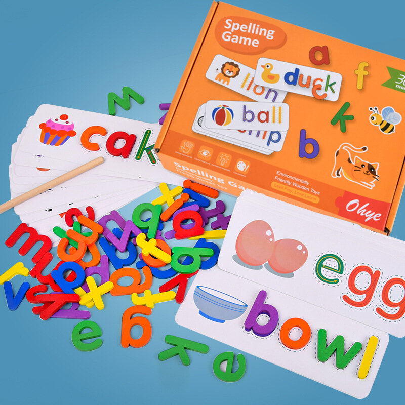 26ตัวอักษรภาษาอังกฤษการ์ดการสะกดการออกกำลังกาย3D ปริศนาของเล่น Spelling เกมหน่วยความจำสำหรับเด็กการศึกษาทำจากไม้ที่มีสีสันของเล่น