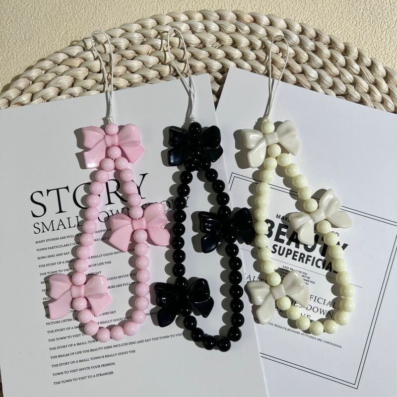 Acrylic Beaded Bowknot Mobile Phone Chain Pendant For Women Girls' Cute Fashion Anti-Lost Hanging Strap Jewelry Accessories