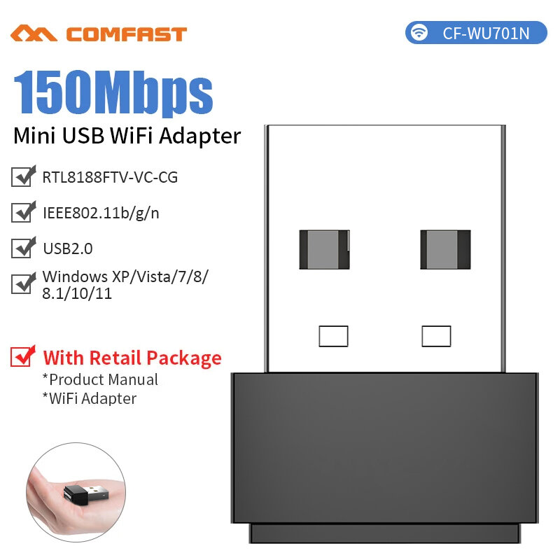 COMFAST 미니 USB 와이파이 어댑터, 150Mbps 와이파이 이미터, PC용 MT7603 어댑터, 와이파이 동글, 2.4G 네트워크 카드 안테나, 와이파이 수신