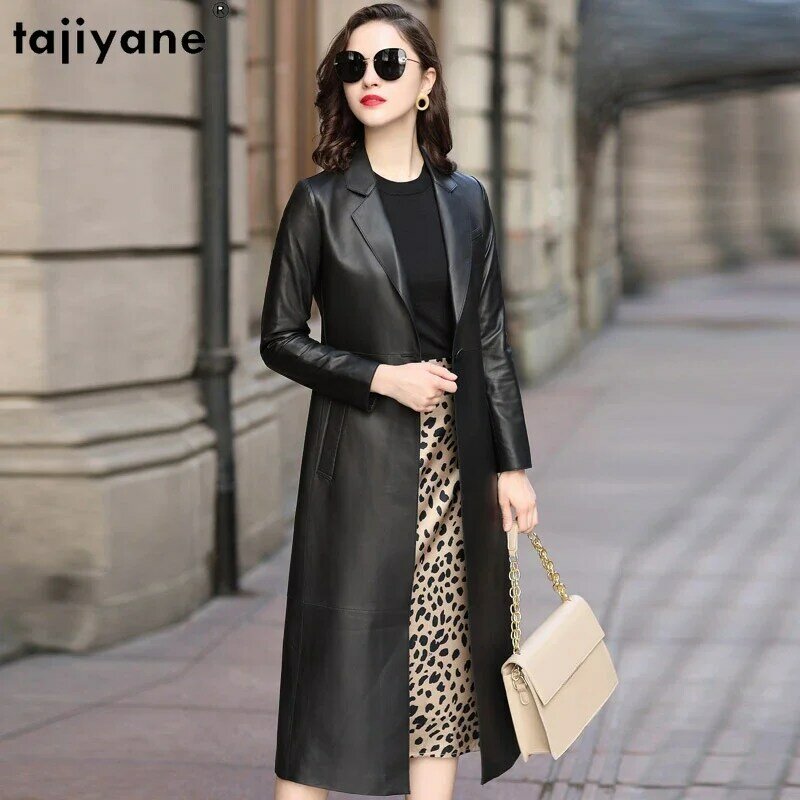 Tajiyane-女性のための本物のシープスキンレザージャケット、エレガントなロングウインドブレーカー、本物の革のコート、新しいファッション