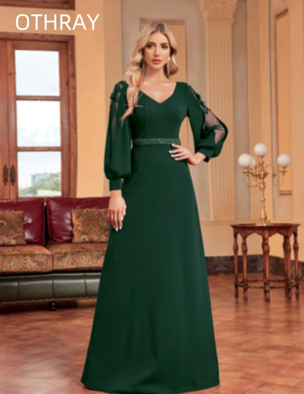 Women Elegant Weedding Party V-neck Cocktail Prom Luxury Applique Long Sleeves Floor Length Green Formal Evening Dress 2024