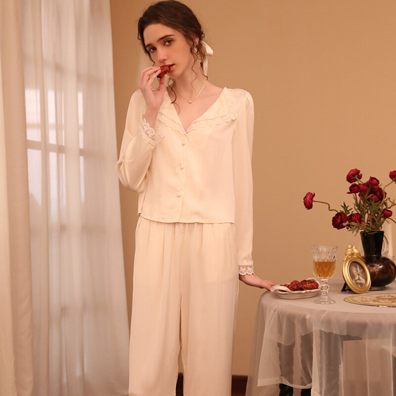 IRENE TINNIE Luxury Woman Print Homewear Loose Long Sleeve Sleepwear Ice Silk Lace Pajamas Set 2 Pices пижама женская طقم بيجاما