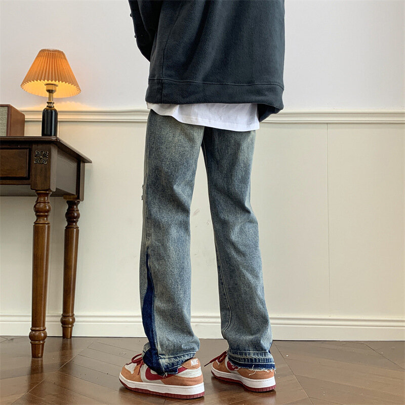 Calça de perna larga estilo Hong Kong masculina, solta, perfurado, versátil, reta, casual, bonito, INS, marca de moda