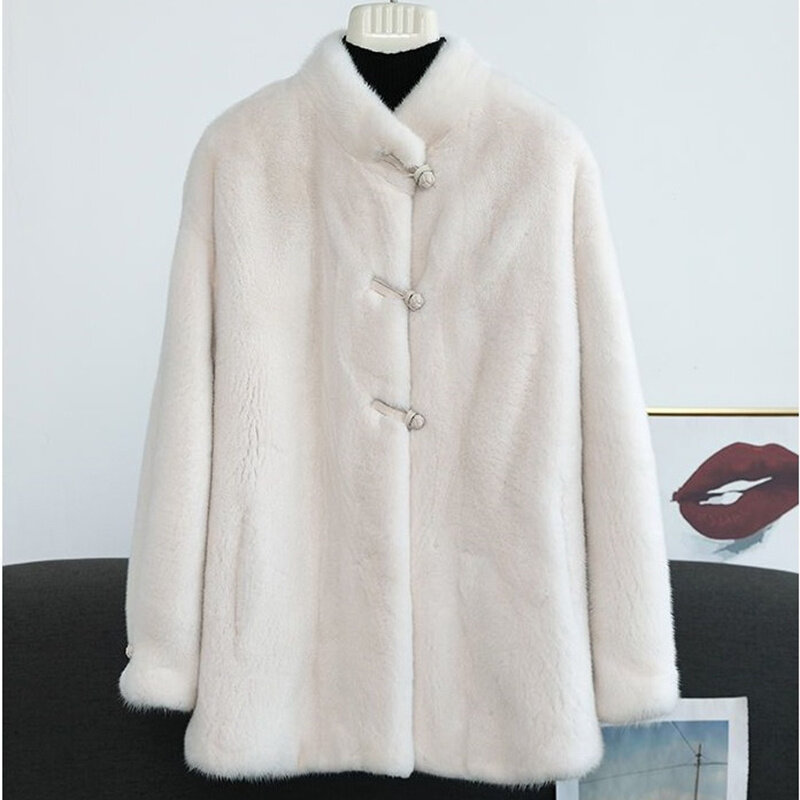 Женское пальто из искусственного меха, Женская куртка на осень и зиму, новое пальто средней длины с воротником-стойкой из искусственной норки, женские модные меховые пальто