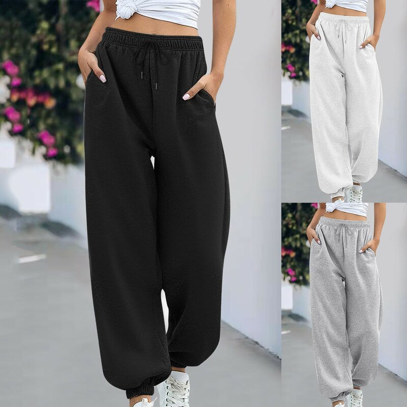 Pantalones de chándal holgados para mujer, ropa de calle deportiva de gran tamaño, color negro y liso, para verano y primavera, 2024