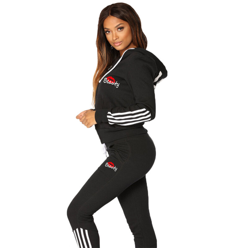 2023 Women's printed striped sportswear 2-piece set casual long sleeved full zip jacket and pants sportswear set