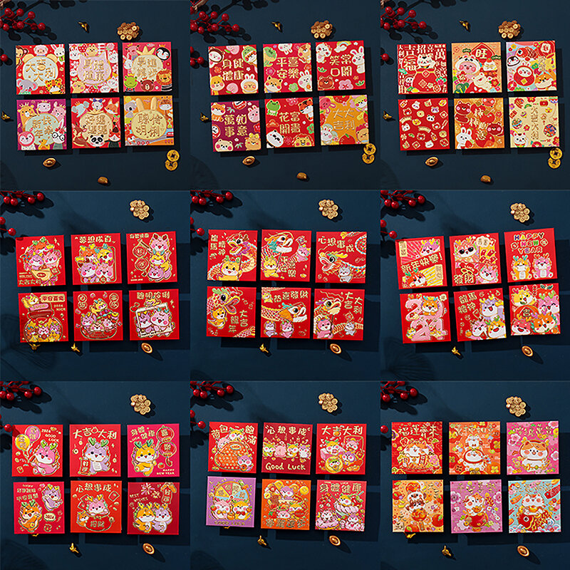 Envelopes padrão bonito do dragão, pacote vermelho, presente de ano novo, sorte abençoe o bolso do dinheiro, 6pcs por conjunto, 2024