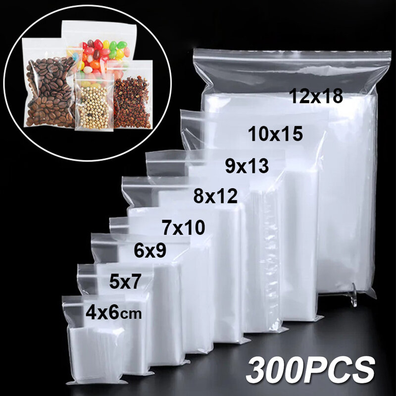 300/100PCS Transparent Zip Bags Food Jewelry Vacuum Storage Bag Plastic Thicken Reclosable Poly Bag Kitchen Organization Package