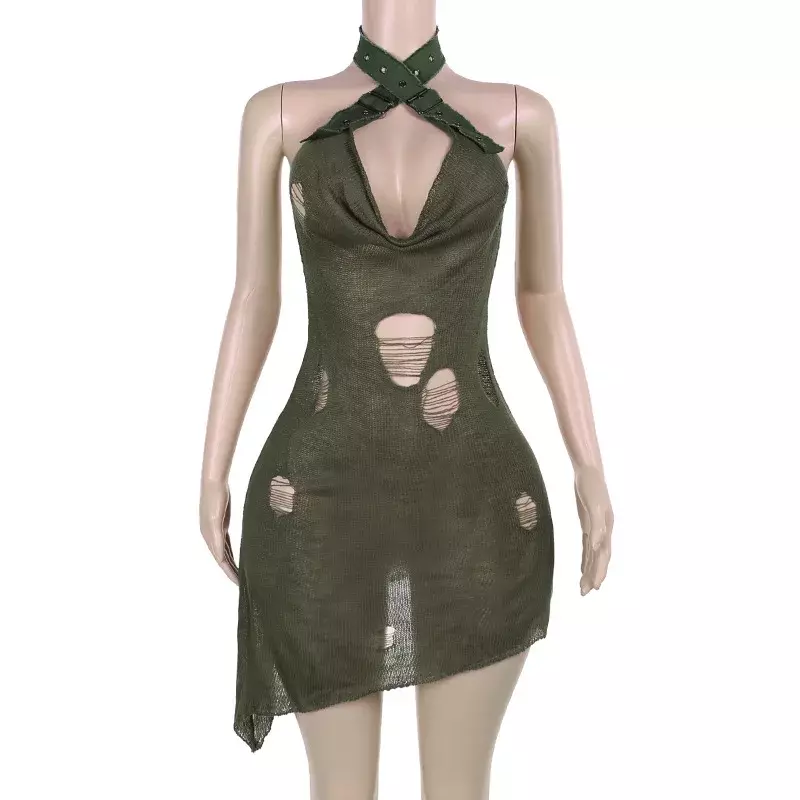 Damska szydełkowa mini sukienka plażowa Elegancka seksowna sukienka z dekoltem w szpic 2024 Letni luksusowy sweter Bodycon Dzianinowe sukienki z dziurami