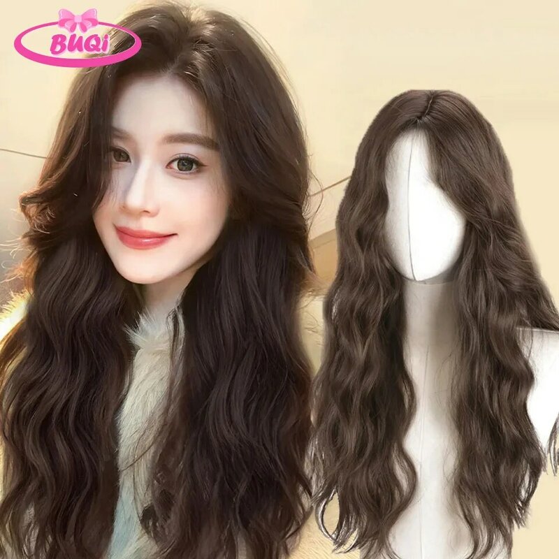 Buqi-peruca de cabelo longo para mulheres, cobertura natural de cabeça cheia, cabelo dividido, peruca superior completa