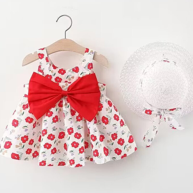 Nowa dziewczyna sukienka kwiatowa słodka letnia sukienka plażowa z kokardą dla dzieci w wieku od 0 do 3 odzież dla noworodka + zestaw kapeluszy 2 sztuk